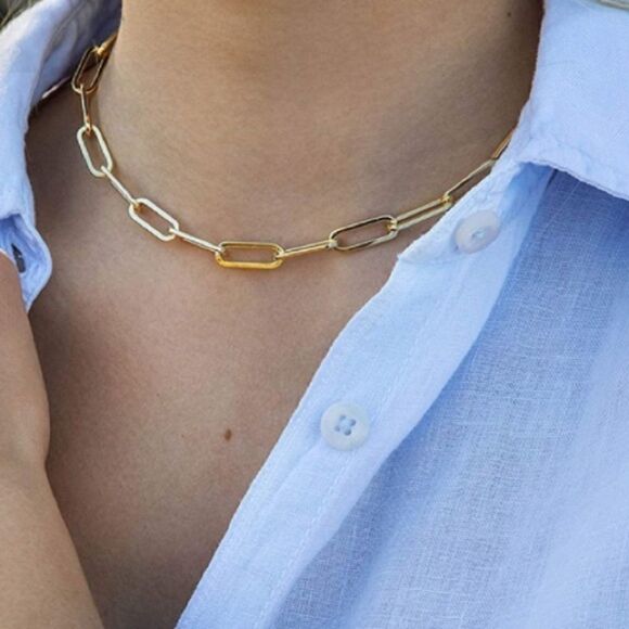 New 14k Gold  Choker Paperclip Chain Link Necklace Adjustable up to 16” - Picture 3 of 6